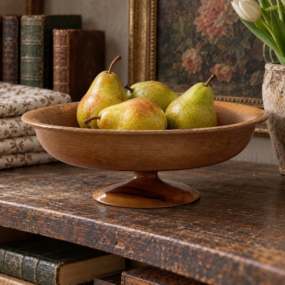 Vintage Solid Wood Pedestal Bowl, 12 Inch Footed Fruit Bowl